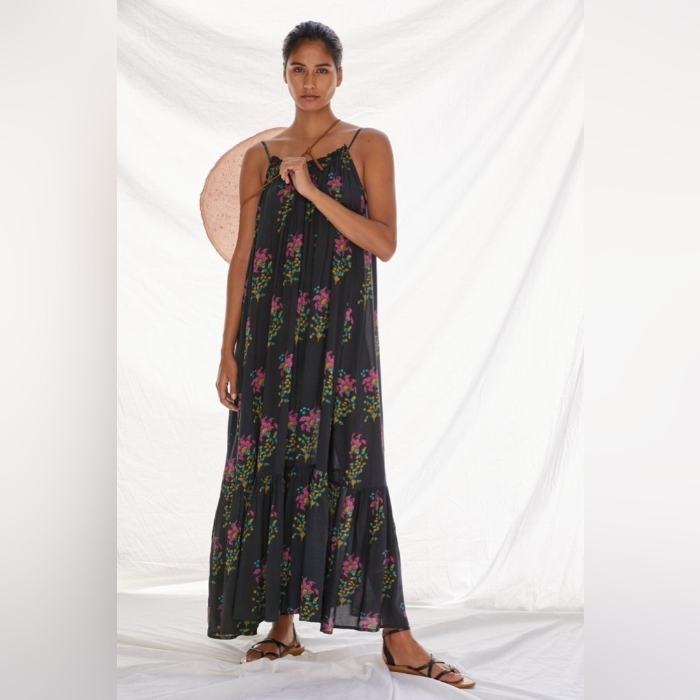 ANTHROPOLOGIE Black Motif Flounced Maxi Lounge Dress